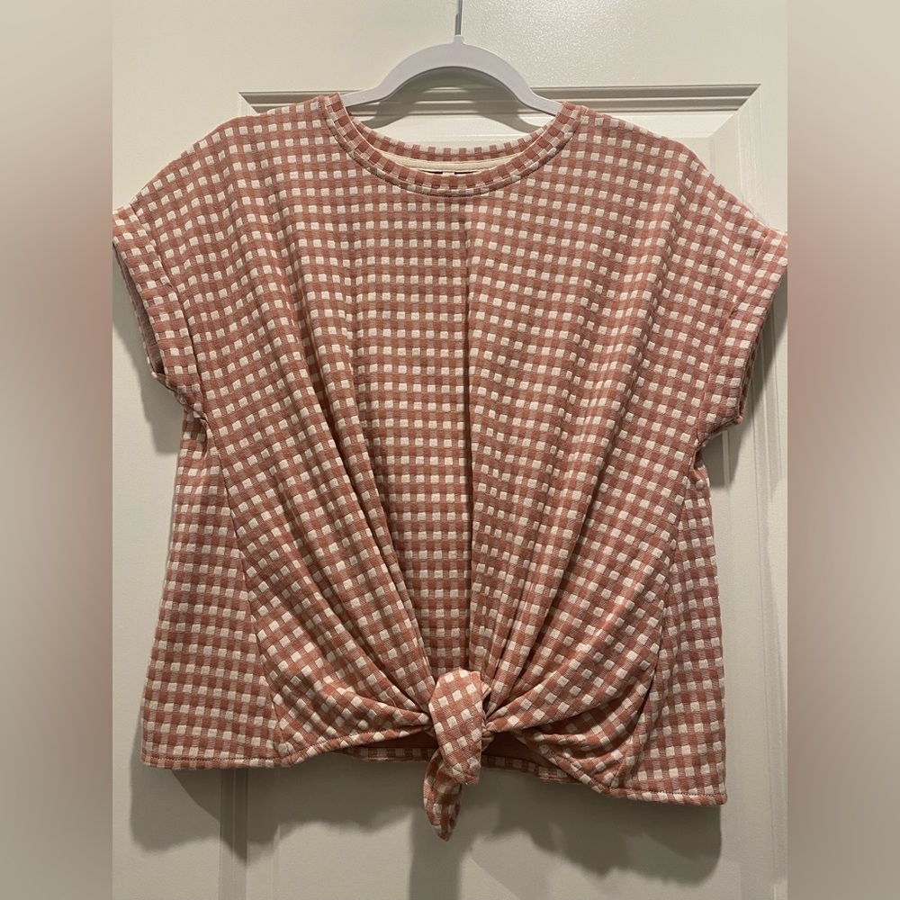 Women’s Lou & Grey for LOFT Checkered Print Cream & Mauve Short Sleeve Shirt